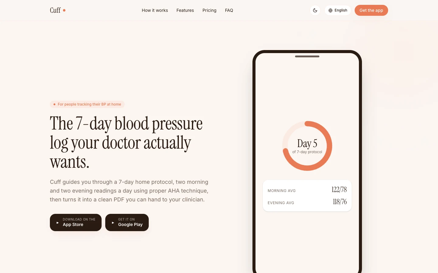 Cuff seven-day blood pressure log and doctor-ready report